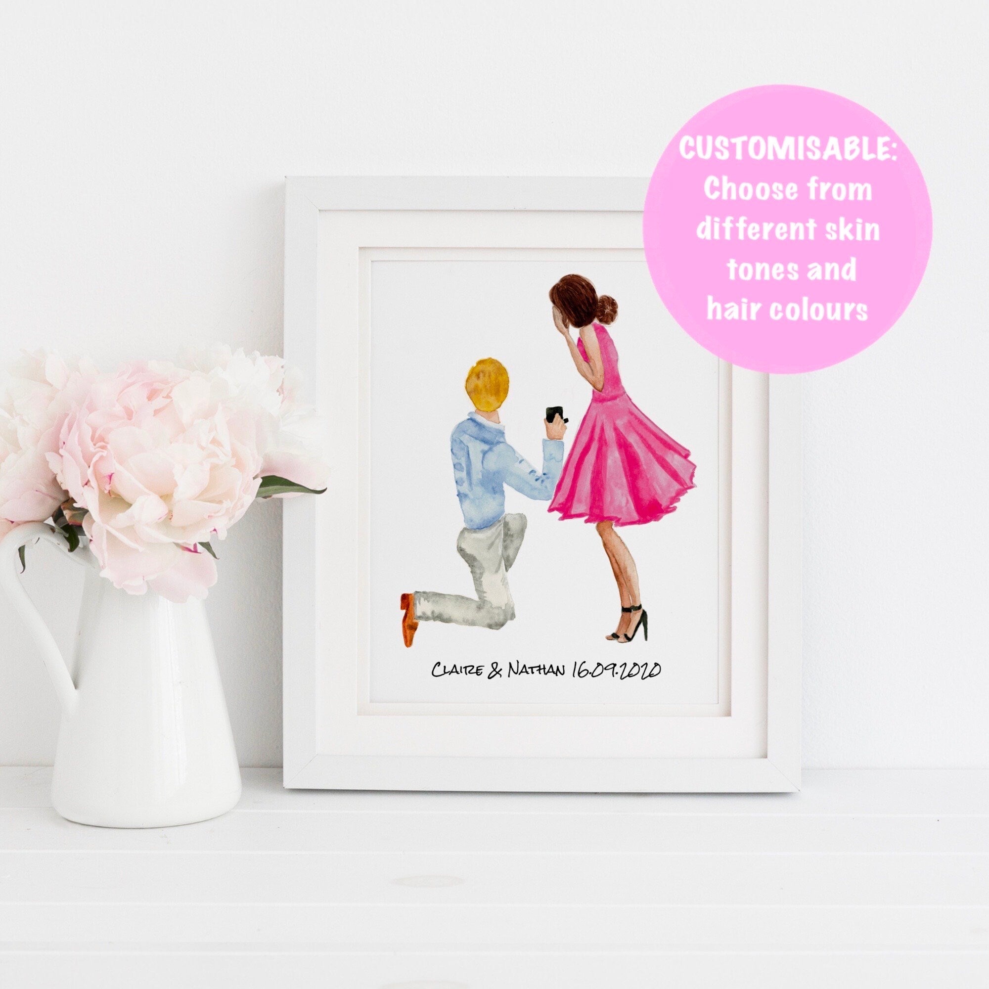 Personalised Engagement Illustration Print | Custom Couple Portrait Gift