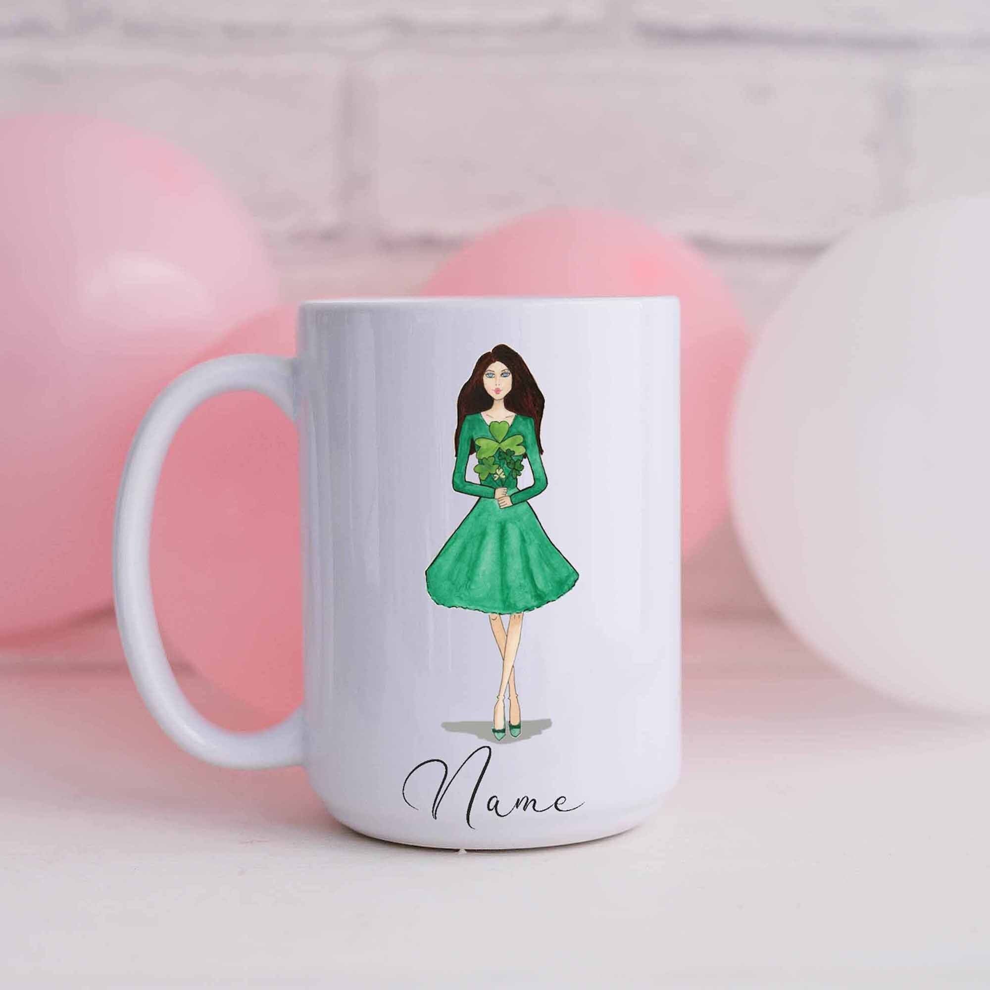 Personalised Irish Shamrock Girl Ceramic Mug – Handmade Illustration