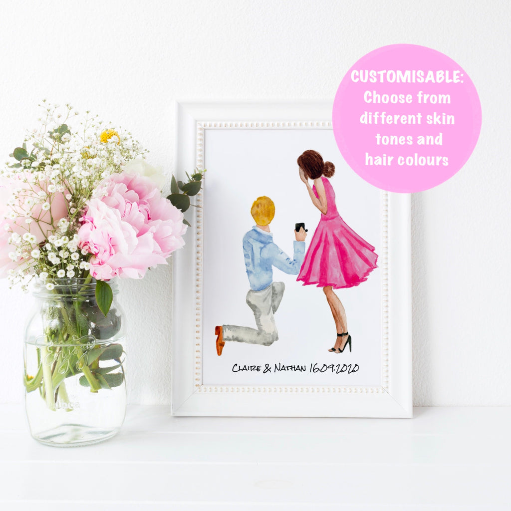 Personalised Engagement Illustration Print | Custom Couple Portrait Gift