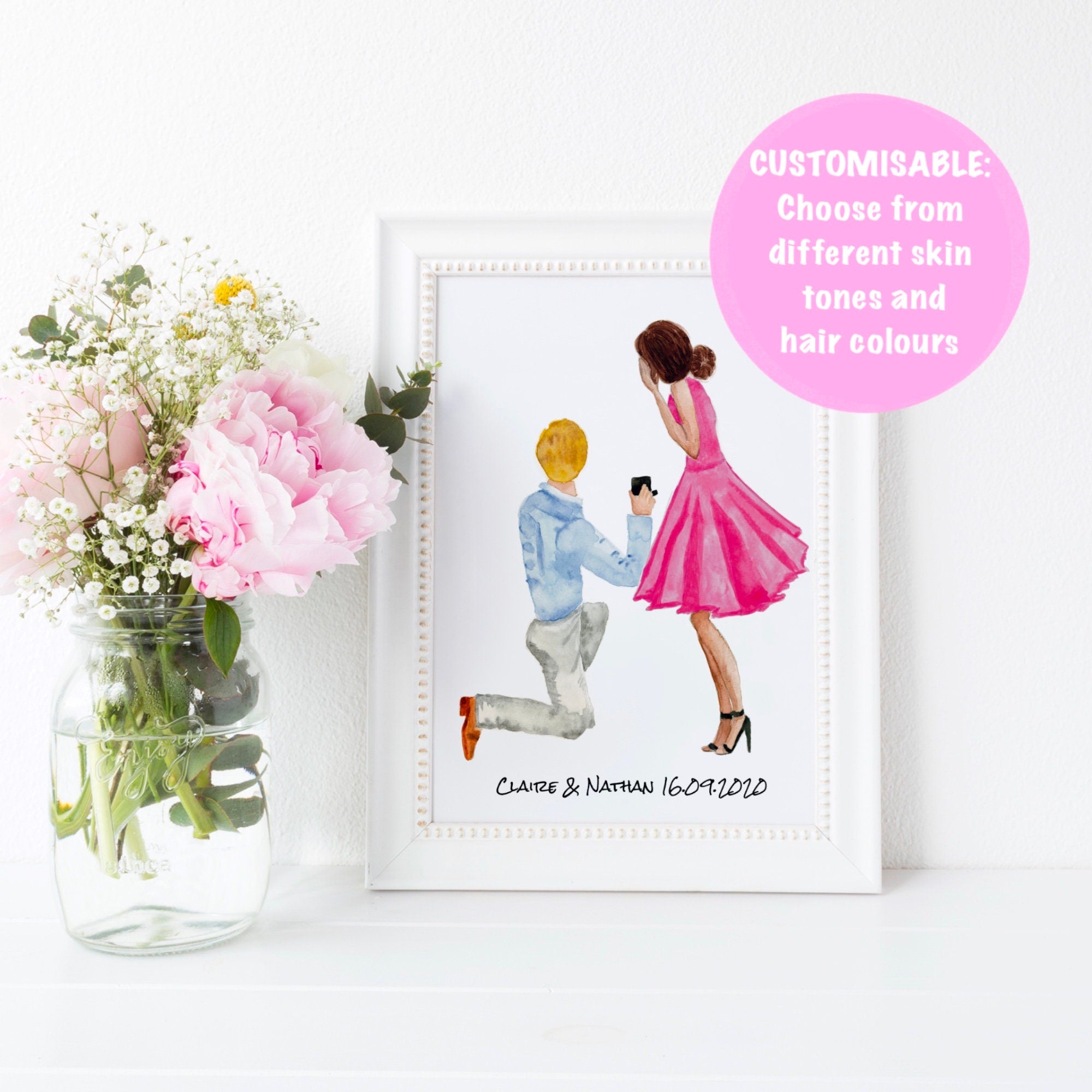 Personalised Engagement Illustration Print | Custom Couple Portrait Gift