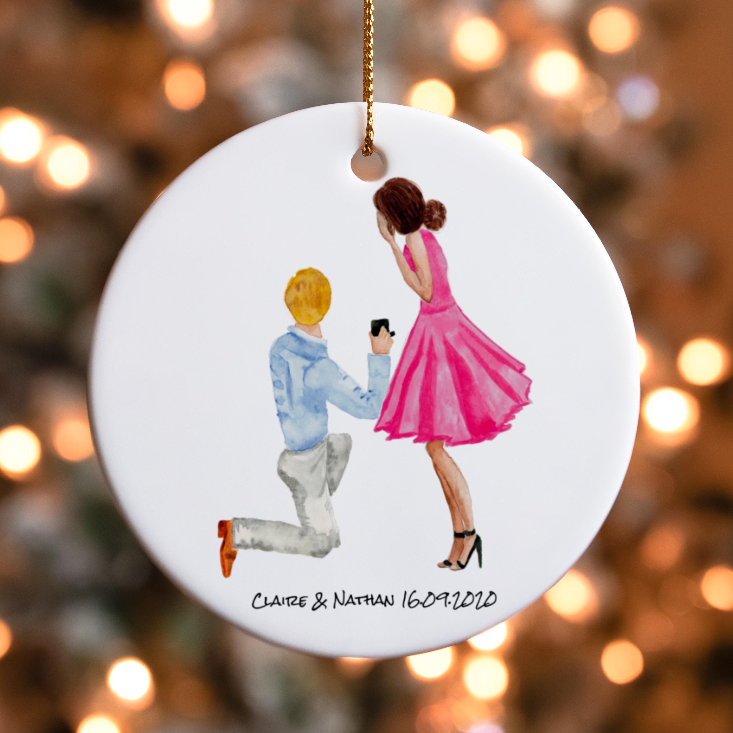 Personalised Engagement Christmas Bauble – Custom Couple Illustration | Keepsake Gift