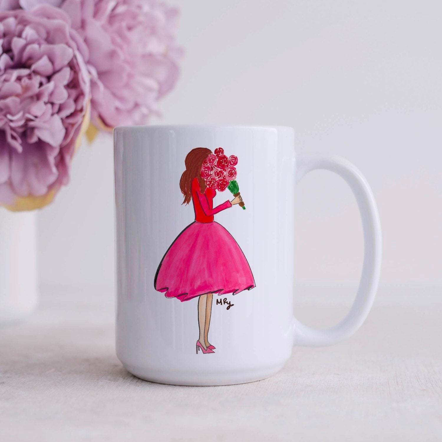 Pretty Girl with Flowers Ceramic Mug – Handmade Illustration | Gift for Her