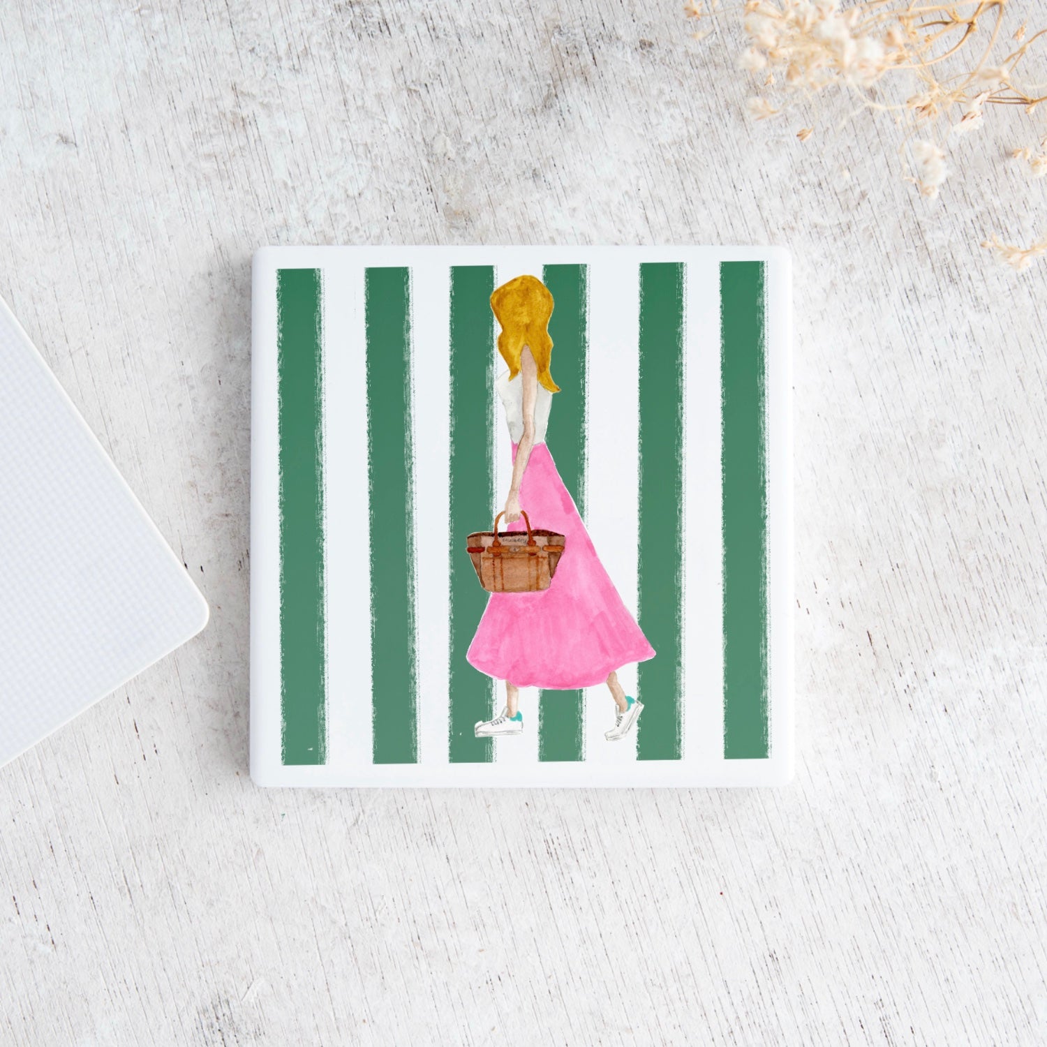 Green Stripe Fashion Illustration Ceramic Coaster | Stylish Gift for Her | Margot Shay