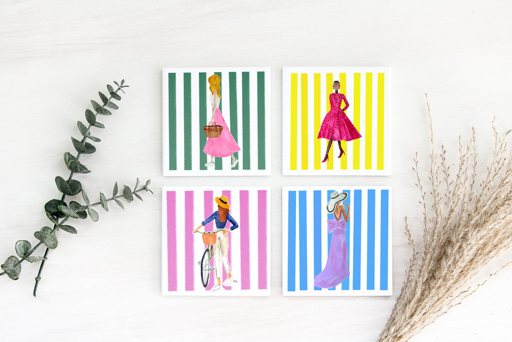Set of 4 Striped Fashion Illustration Ceramic Coasters | Gift for Her | Margot Shay