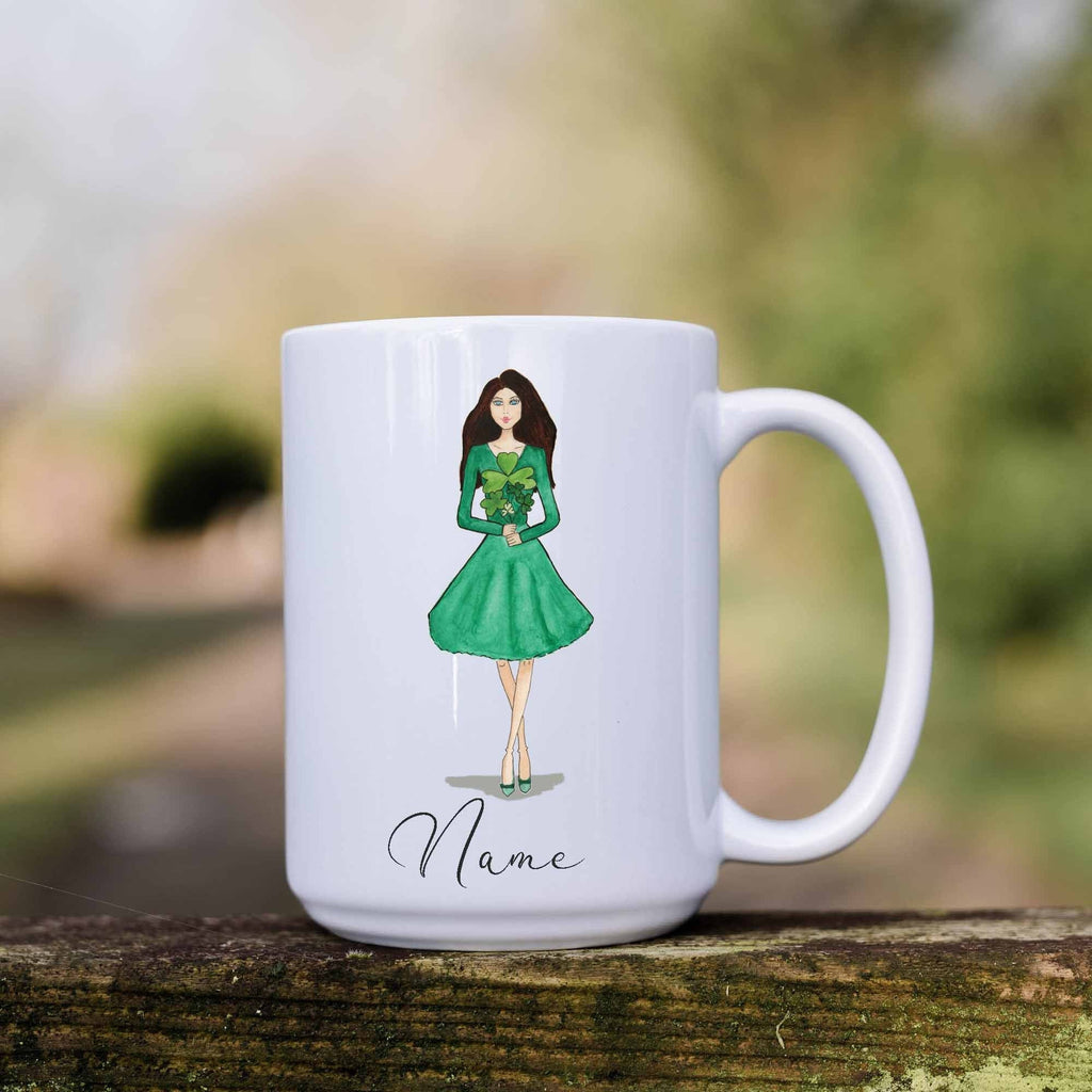 Personalised Irish Shamrock Girl Ceramic Mug – Handmade Illustration